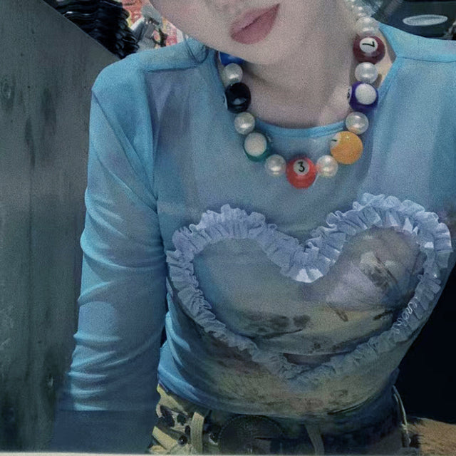 Gauze Heart Sweet Blue Tie Dye T-shirt Y2k Mesh Butterfly Tops Full Sleeve Tees Crew Neck Elastic Clas