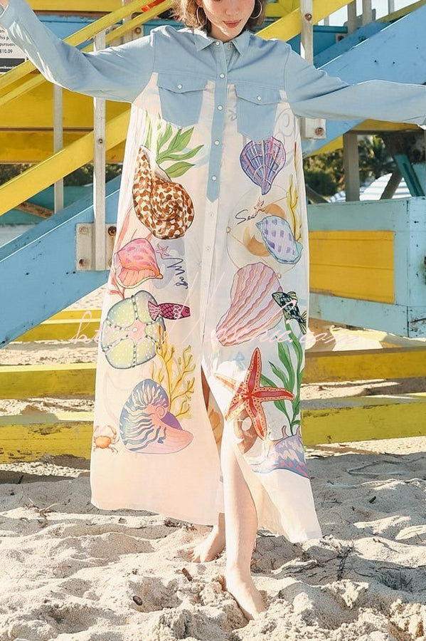 Take a Trip Marine Elements Unique Print Patchwork Pocketed Long Shirt Coat