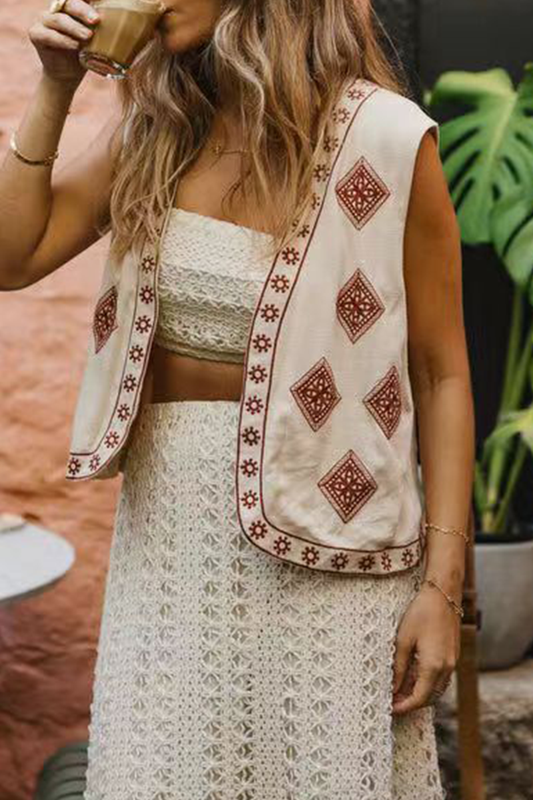Colorblock Patchwork Embroidery Cardigan Collar Waistcoats