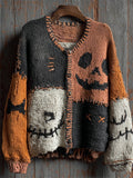 Halloween Pumpkin Face Colorblock Stitched Cozy Knit Cardigan artswardrobe