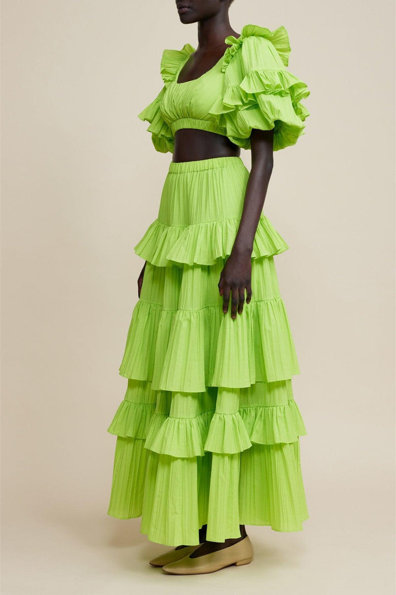 Ruffle Puff Sleeve Top ?mid Waist Maxi Skirt Set