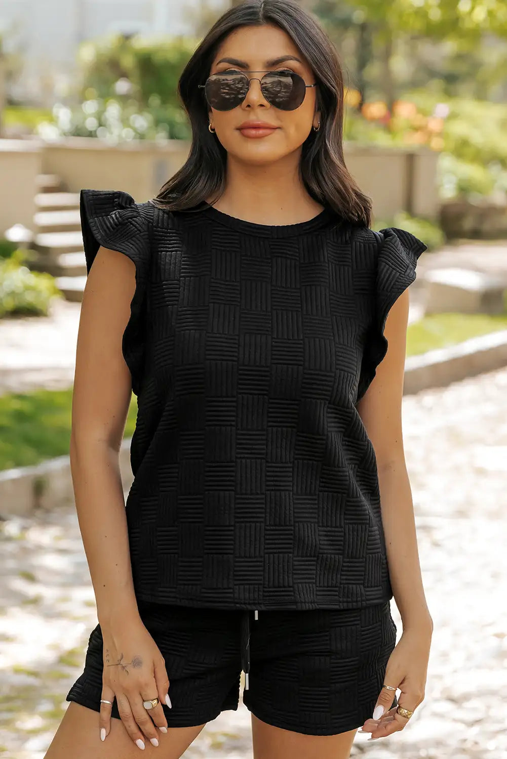 Textured Black Ruffle Sleeve Tee and Drawstring Shorts Set