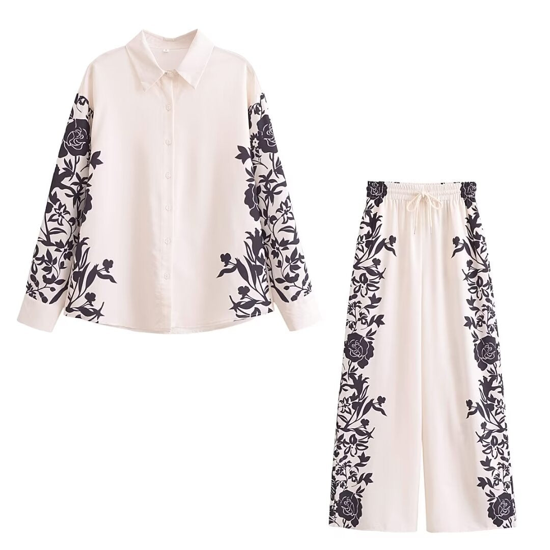 ’s Side Print Suit Shirt Pants Loose Suit for Spring Autumn