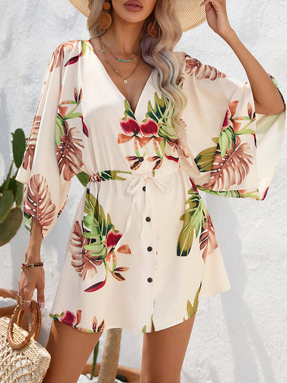 A-line Half Sleeves Buttoned Drawstring Leaves Print V-neck Mini Dresses
