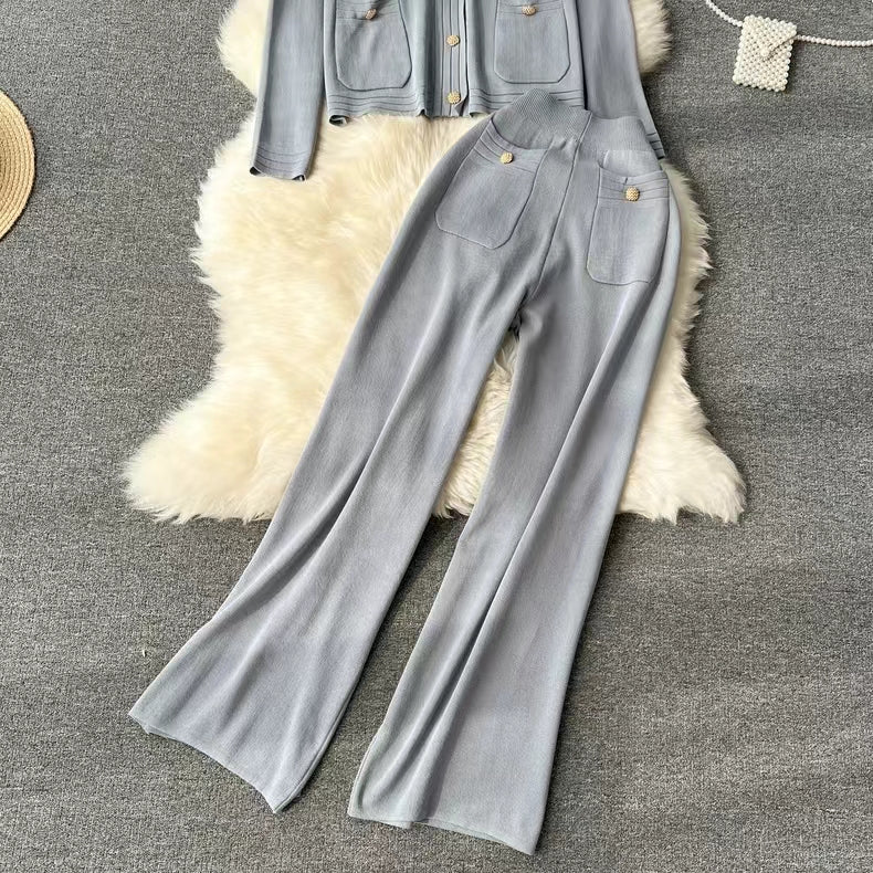 Knitted Cardigan Top Spring Autumn High End Sweater Jacket High Waist Slimming Wide Leg Pants Suit