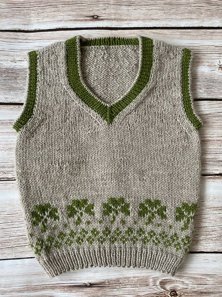 Men's Vintage Irish Shamrock Cozy Knit V Neck Vest artswardrobe