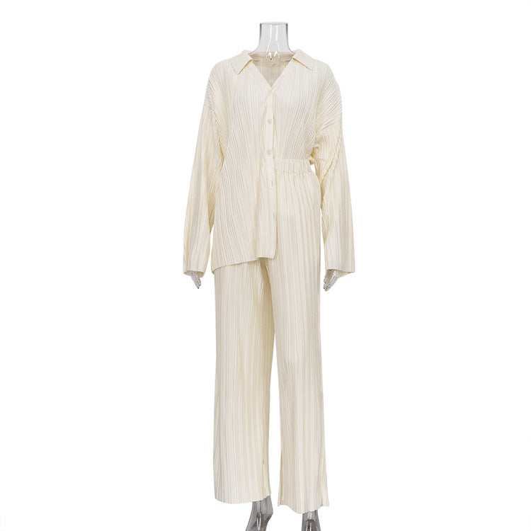 Autumn Straight Leg Pants Two Piece Set Western Clothing Pleated Shirt Trousers Set
