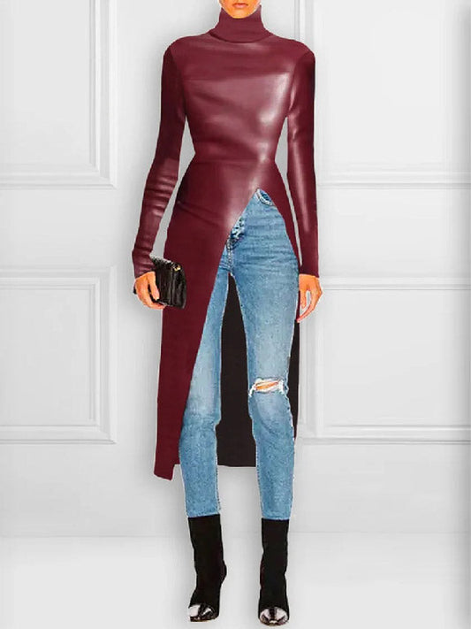 Long Sleeves Skinny Color Split-front High-neck T-shirts Tops