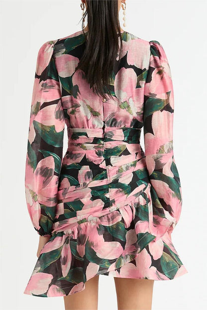 Long Sleeve V-neck Pleated Mini Dress Pink