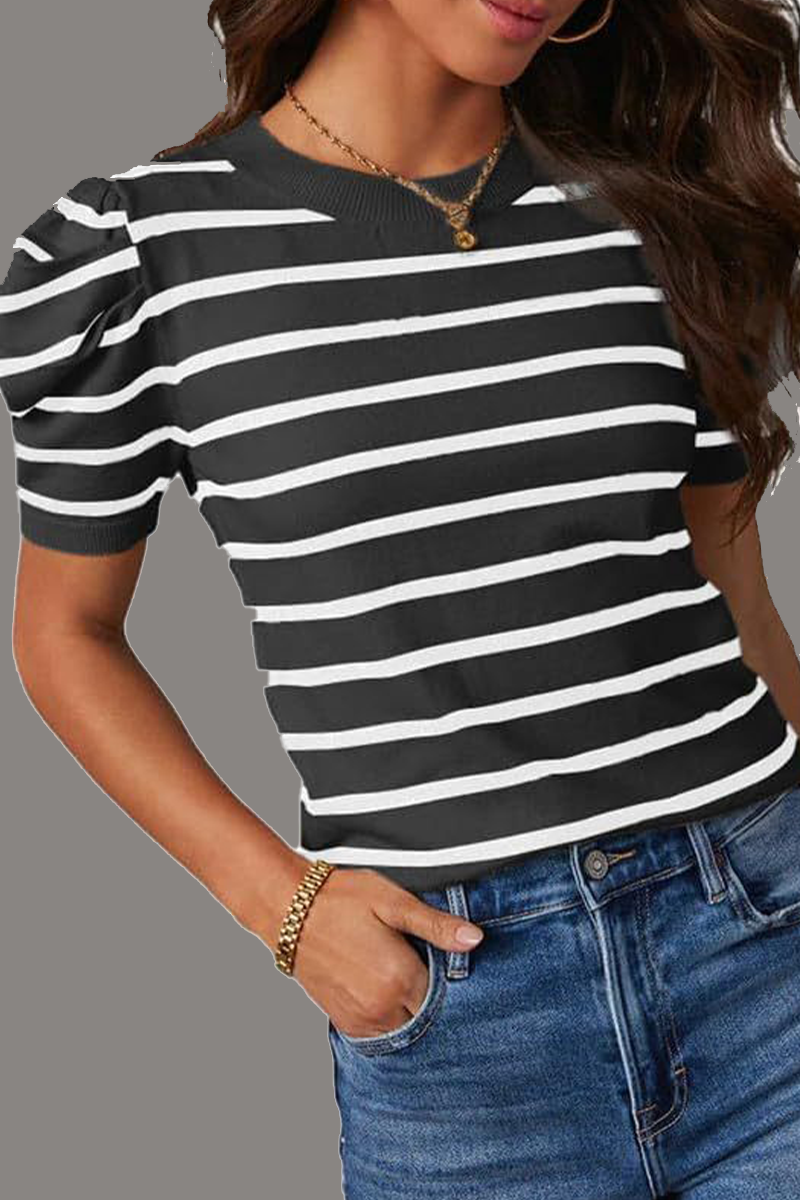 Stripe Ruched Weave O Neck T-shirts(5 Colors)