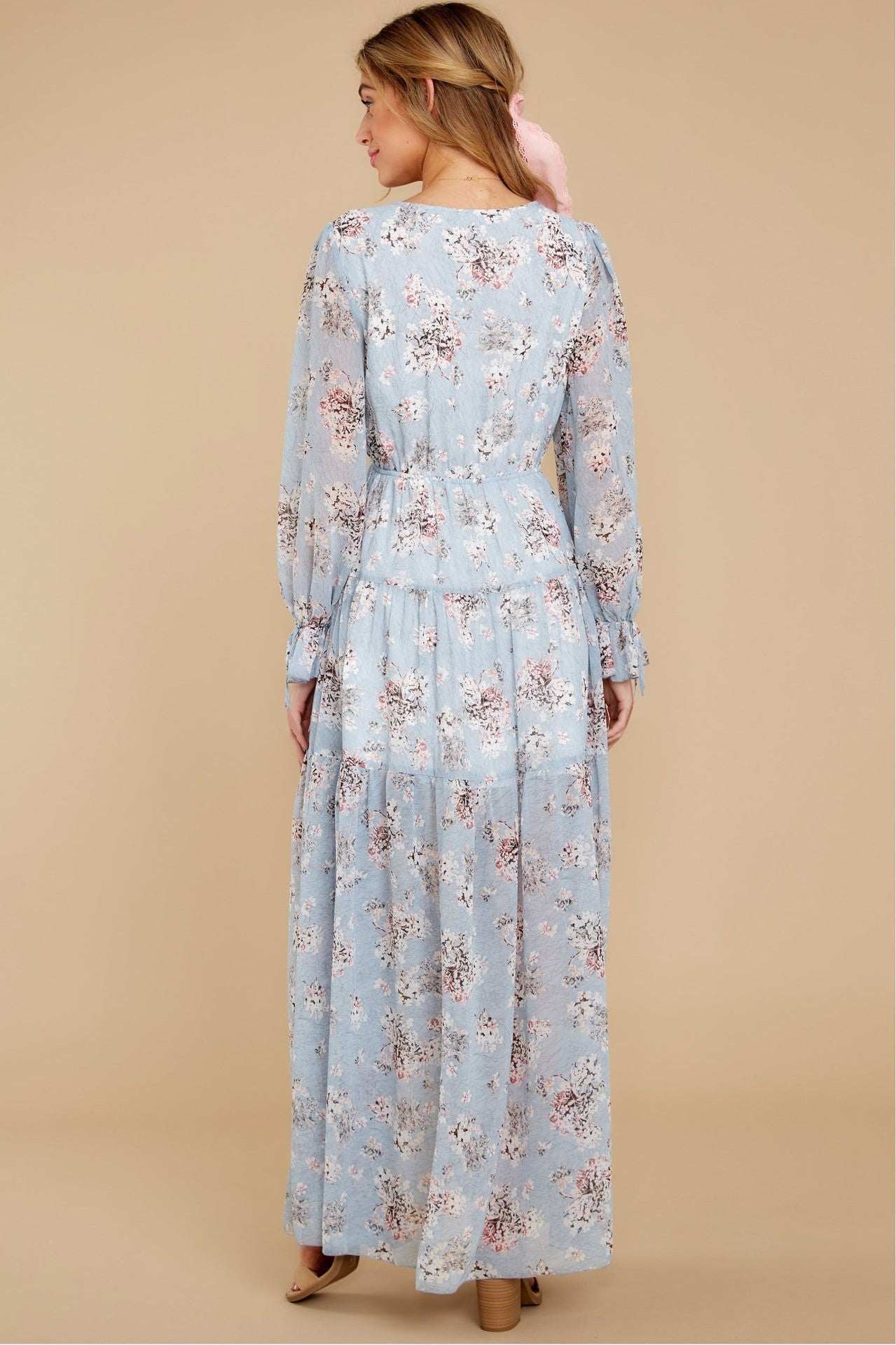 Puff Sleeve V-neck Ruffle Hem Maxi Dress Blue