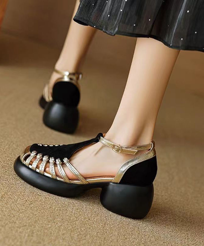 Black Chunky Suede Comfy Splicing Hollow Out Sandals Kj075