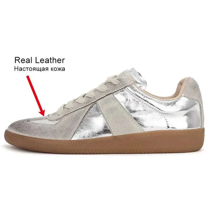 Genuine Leather Silver Sneakers - Lace-up Athletic Flats