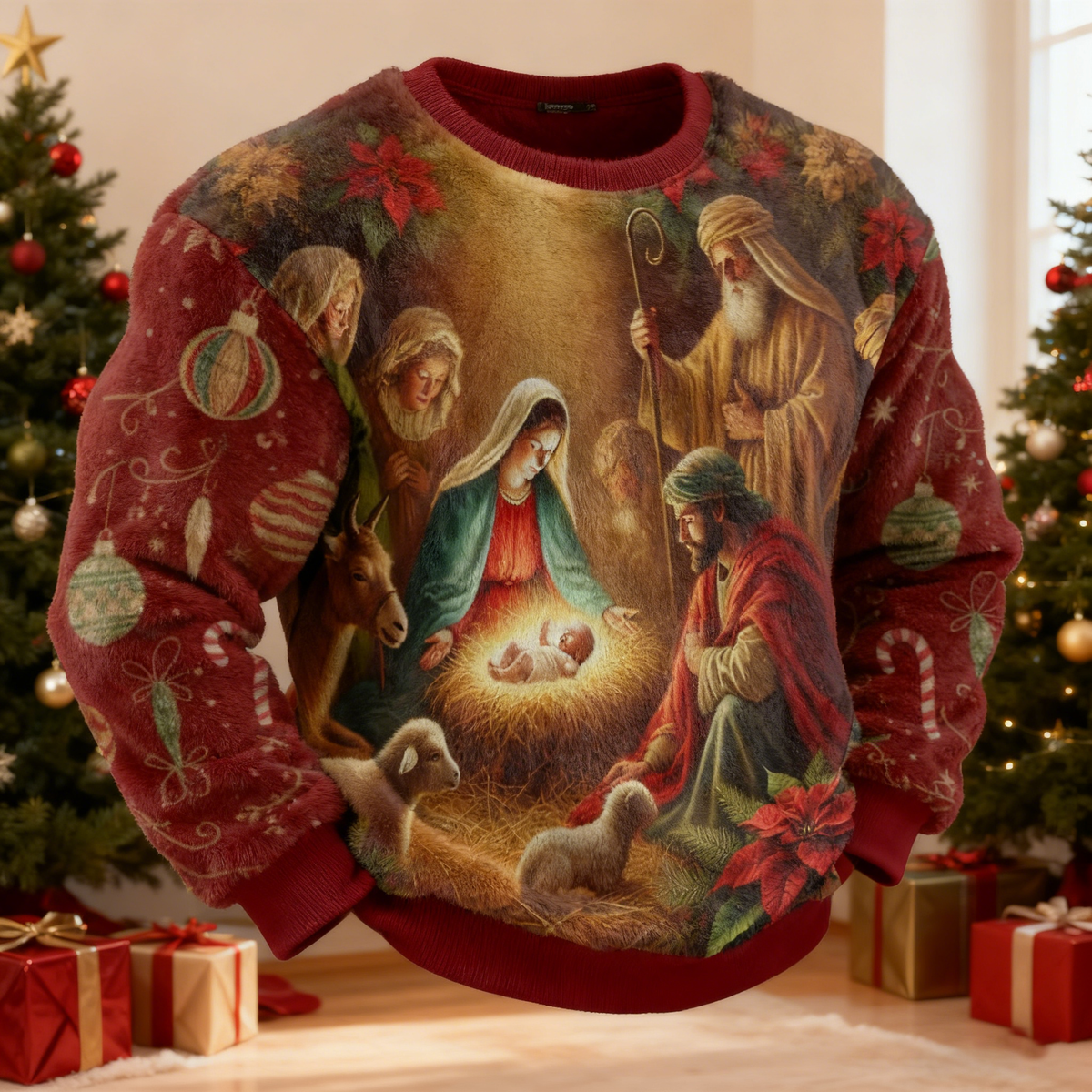 Comstylish Men's Retro Christmas Nativity Pattern Crew Neck Flannel Sweatshirt