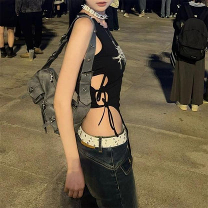 Summer Spider Web Print Tank Tops Aesthetic Hollow Out Bandage Punk Vest Irregular Causal Basic Y2k Crop Top