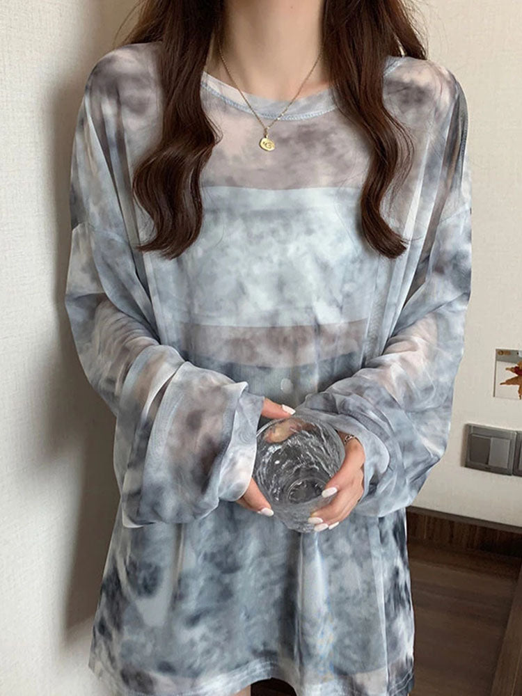 Tie Dye Long Sleeve T-shirts Breathable Summer O-neck Design Mesh Sun-proof Loose Tshirts Korean Style All-match Tops