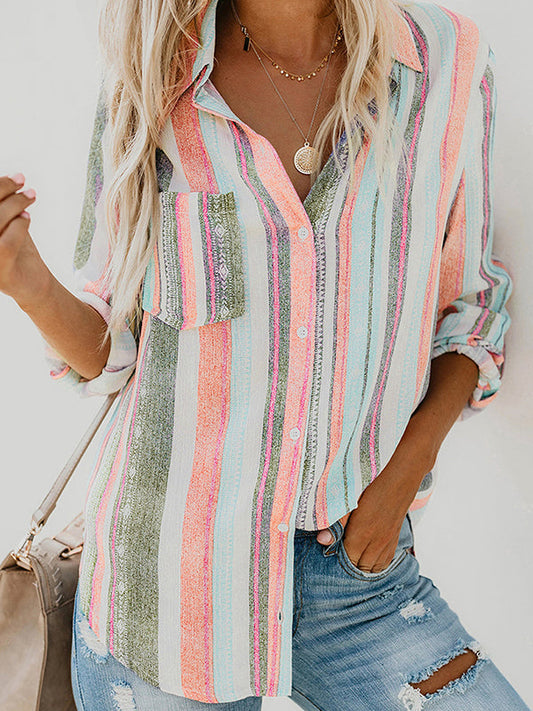 High-low Long Sleeves Buttoned Pockets Striped Lapel Blouses&shirts Tops