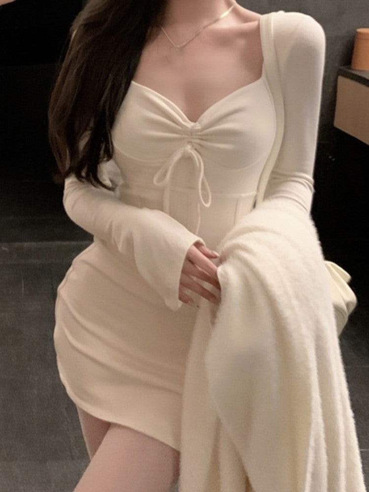 Y2k Knitted Dress Long Sleeve Bow Square Collar Autumn Spring Simple Mini Dresses Female Party Vestidos