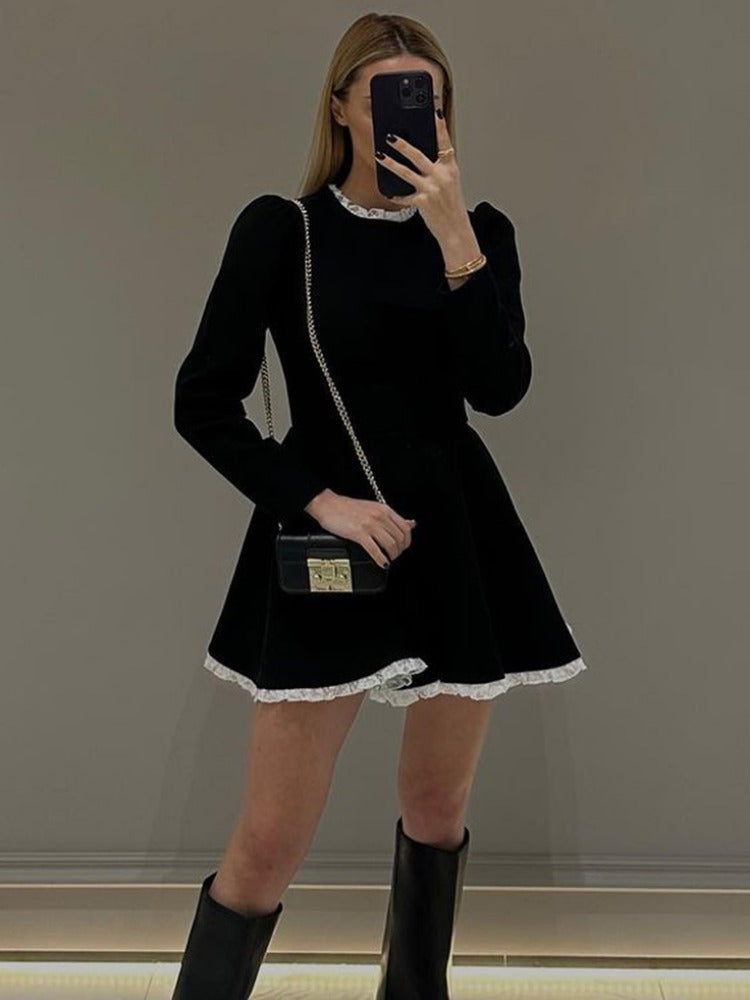 Taruxy Splice Lace Mini Dress for High Waist Slim Dresses Femme Wedding Retro Temperament Dress Clothes New