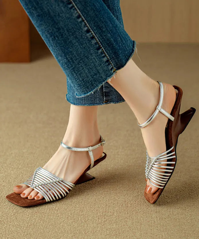 Vacation Style Silver Square Toe Woven Heterotypic High Heels Sandals Oi053