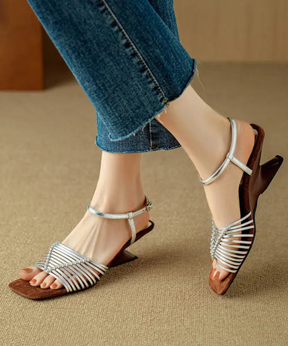 Vacation Style Silver Square Toe Woven Heterotypic High Heels Sandals Oi053