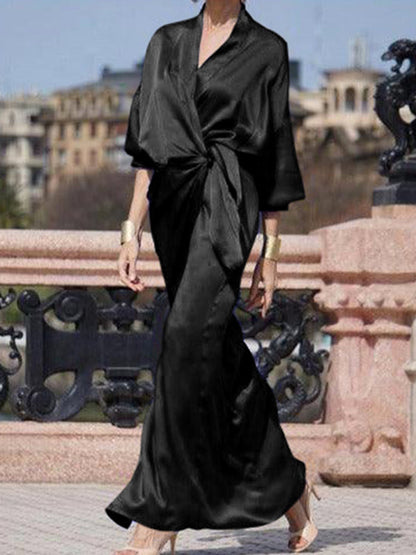 Half Sleeves Loose Color V-neck Maxi Dresses