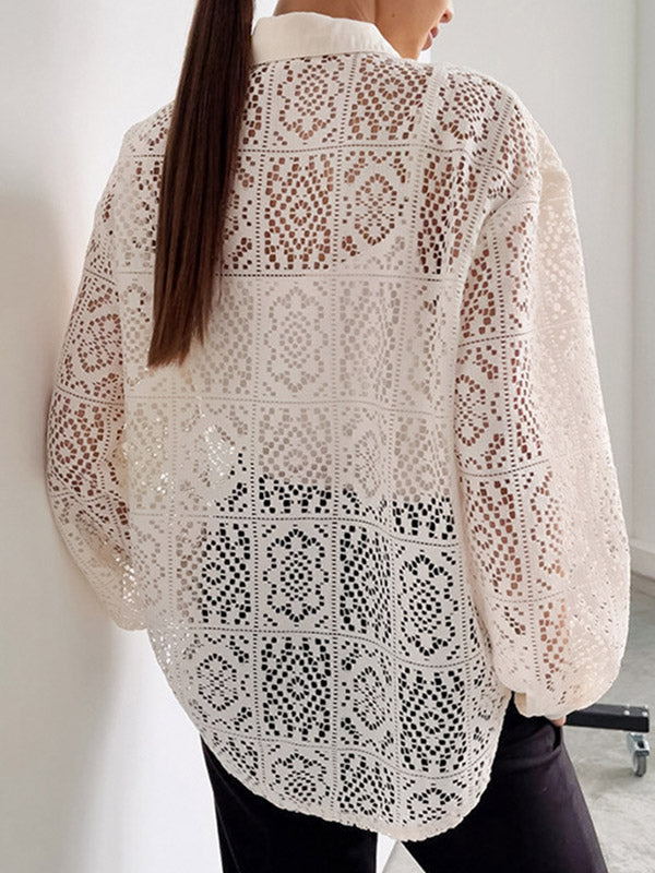 Long Sleeves Loose Buttoned Hollow See-through Color Sun Protection Lapel Collar Blouses&shirts Tops