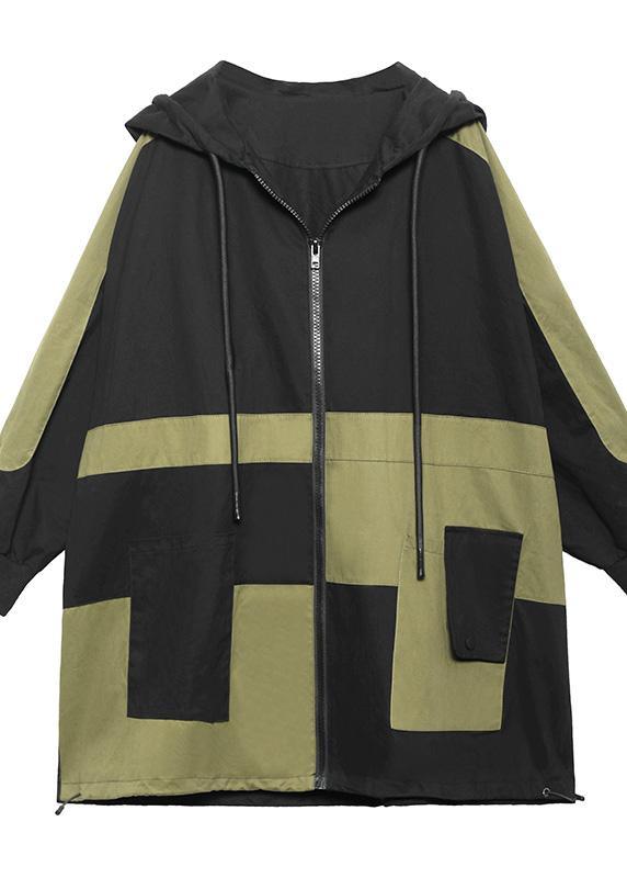 Black Pockets Cotton Zippered Spring Hoodie Coat