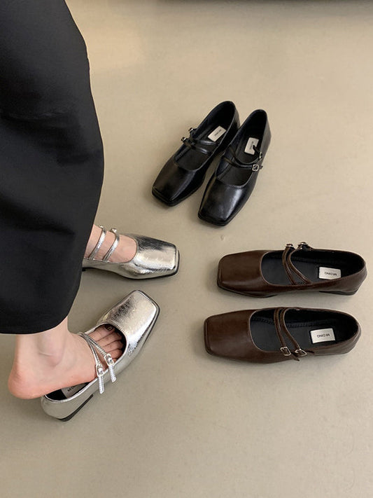 Belt Buckle Shallow Cut Split-joint Square-toe Flats Mary Janes