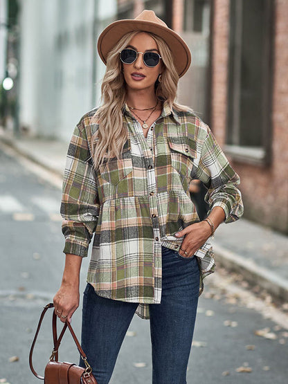 Loose Checkered Lapel Blouses&shirts Tops
