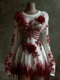 Women's Halloween Skeleton Blood Red Rose Waist Round Neck Dress artswardrobe