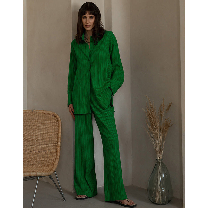 Autumn Winter Popular Pleated Shirt-style Wide-leg Pants Suit