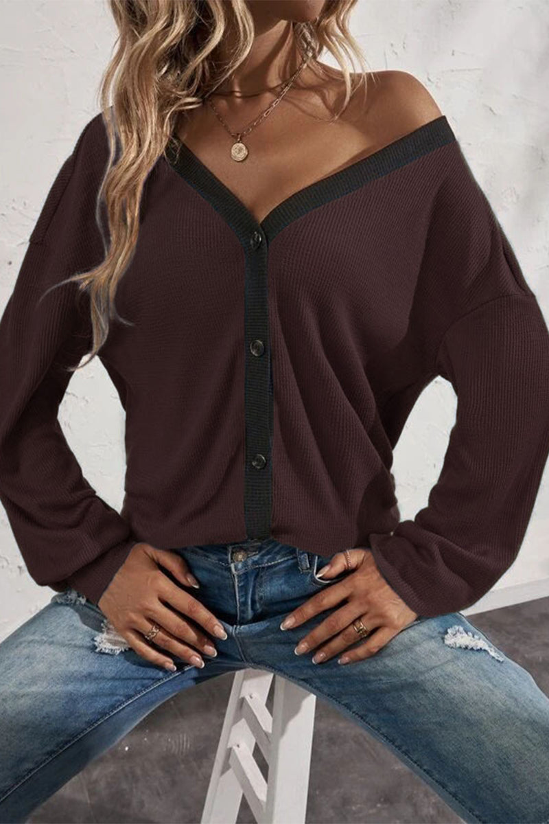 Patchwork Buttons V Neck T-shirts(7 Colors)