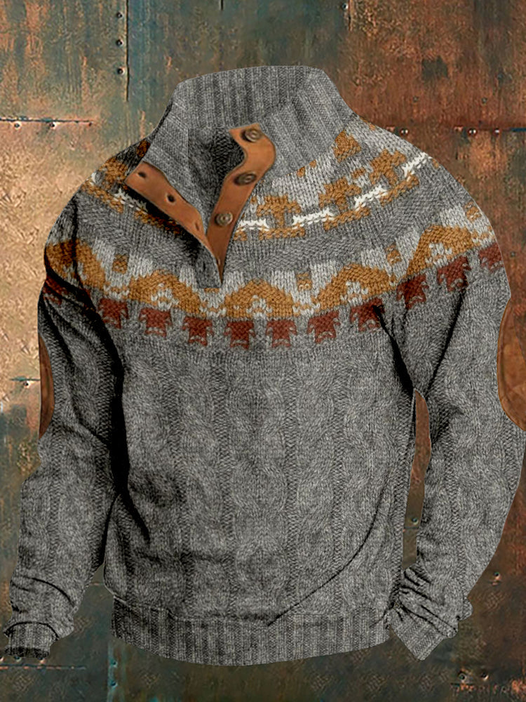 Men's Vintage Knitted Pattern Buttoned Cozy Sweatshirt artswardrobe