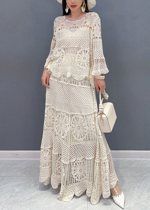 Beige Hollow Out Tops and Skirts Knit Two Piece Set Long Sleeve