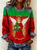 Women's Christmas Casual Lapel Denim Patchwork Pullover Sweatshirt