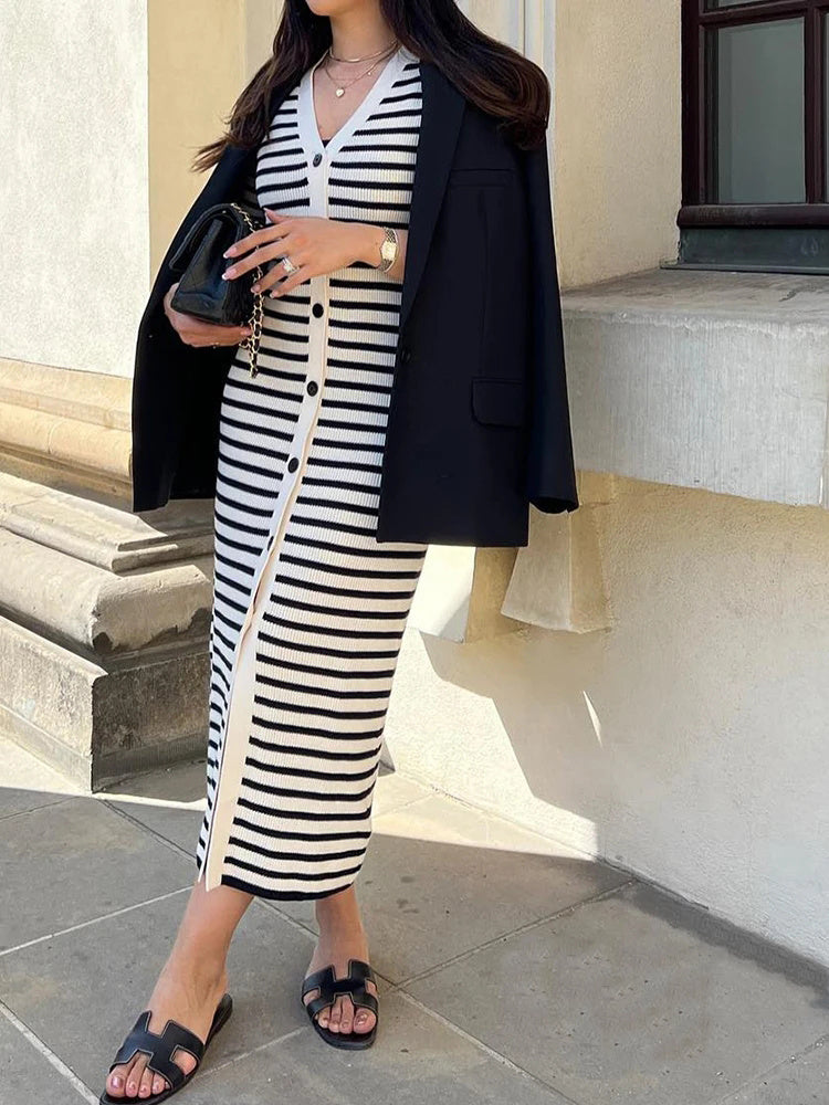 Tossy Knit Striped V-neck Long Dress ’s Short Sleeve Cardigan Party Maxi Dress