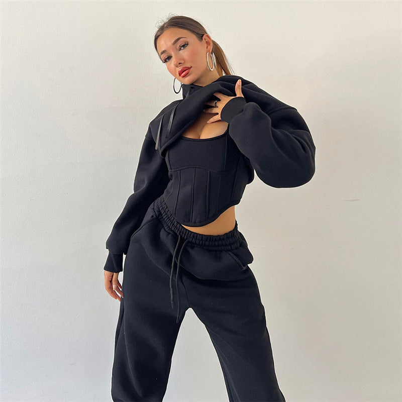 Autumn Winter Hooded Sweater Blouse Camisole Waist Pants Three Piece Set for