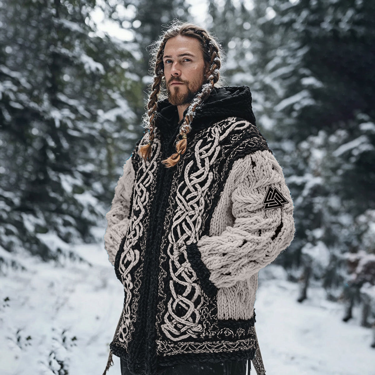 Men's Viking Tribal Jacquard Celtic Chunky Knit Zipper Hooded Cardigan elevenforest
