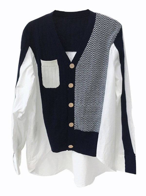 Urban Long Sleeves Contrast Color Split-joint V-neck Cardigan Tops