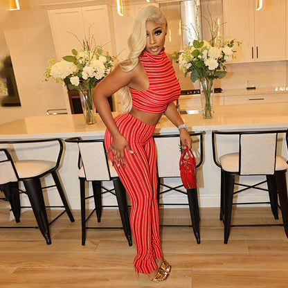 Striped Printed Red Two Piece Set Crop Tank Tops and Pencil Pants Matching Summer Fitness Tracksuits