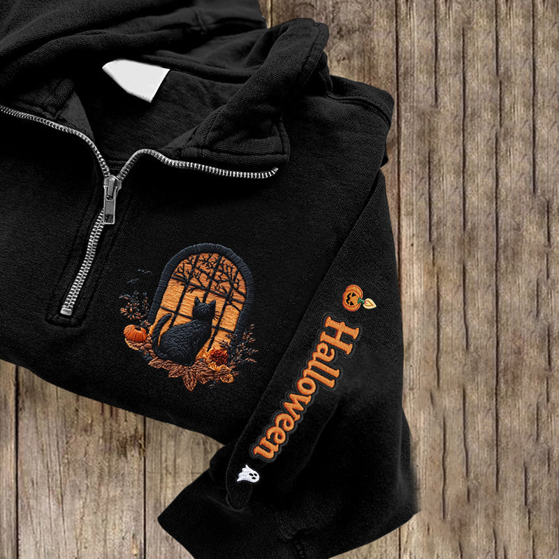 Women's Halloween Cat Embroidered Zip Long Sleeve Casual Sweatshirt elevenforest
