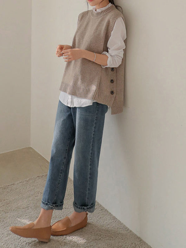 Simple Sleeveless Loose Buttoned Color Round-neck Sweater Vest Outerwear