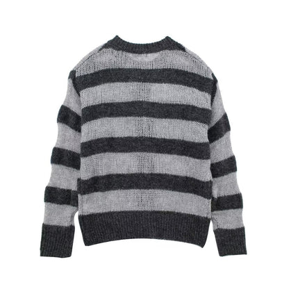 ’s Autumn Round Neck Gray Long Sleeves Sweater Striped Knitted Cardigan Coat