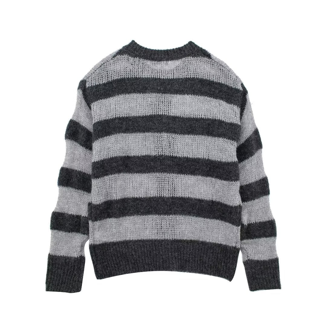’s Autumn Round Neck Gray Long Sleeves Sweater Striped Knitted Cardigan Coat