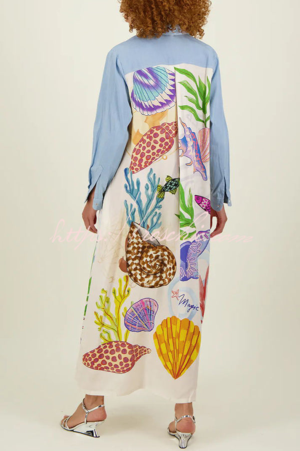 Take a Trip Marine Elements Unique Print Patchwork Pocketed Long Shirt Coat