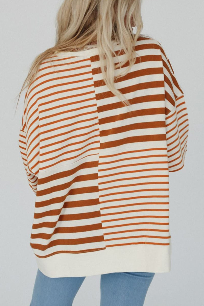 Stripe Buttons Patchwork Contrast O Neck T-shirts