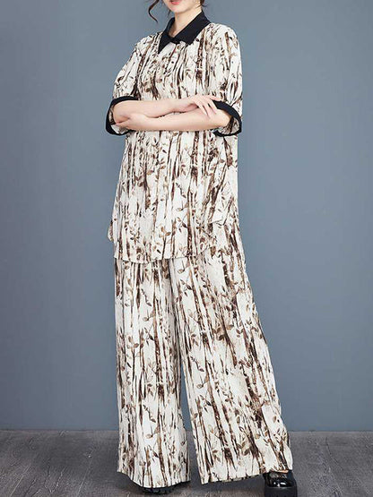 Half Sleeves High-low Buttoned Pleated Printed Split-side Lapel Blouses Top + Elasticity Pants Bottom Two Pieces Set