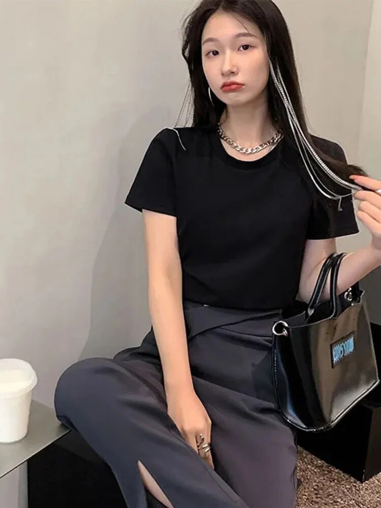 Round Collar Short Sleeve T-shirt Irregular Bandage Slim Crop Tops for Woman Summer All-match Basic