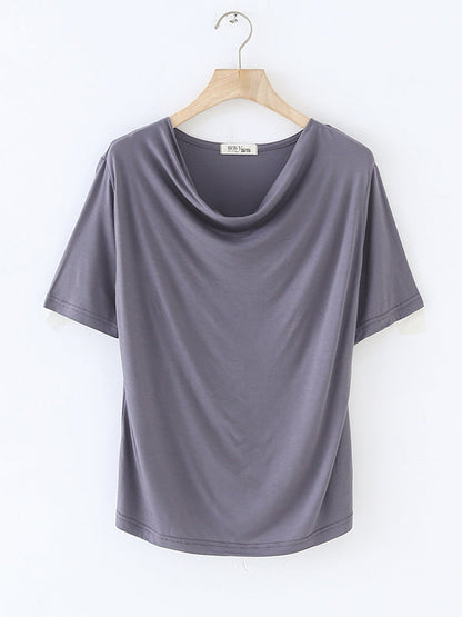 Short Sleeves Pleated Color Heaps Collar T-shirts Tops